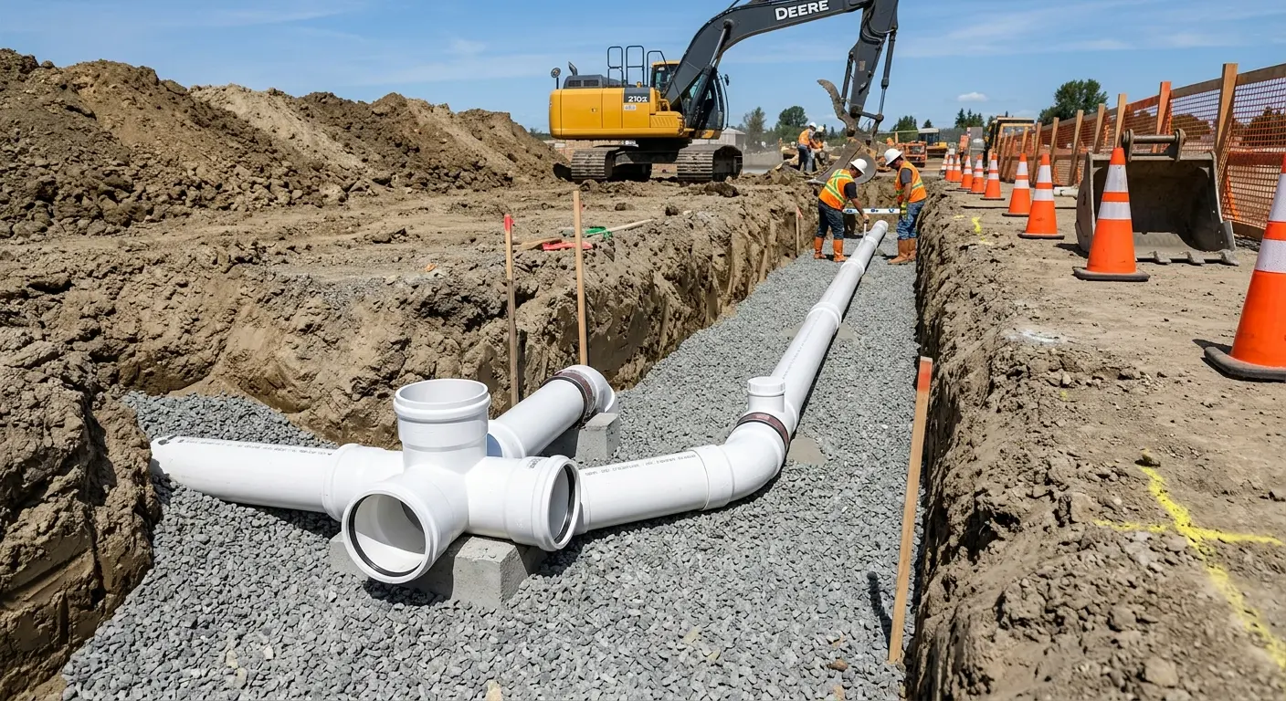 New PVC sewer pipe installation in open trench for Grease Trap Cleaning in Waipio