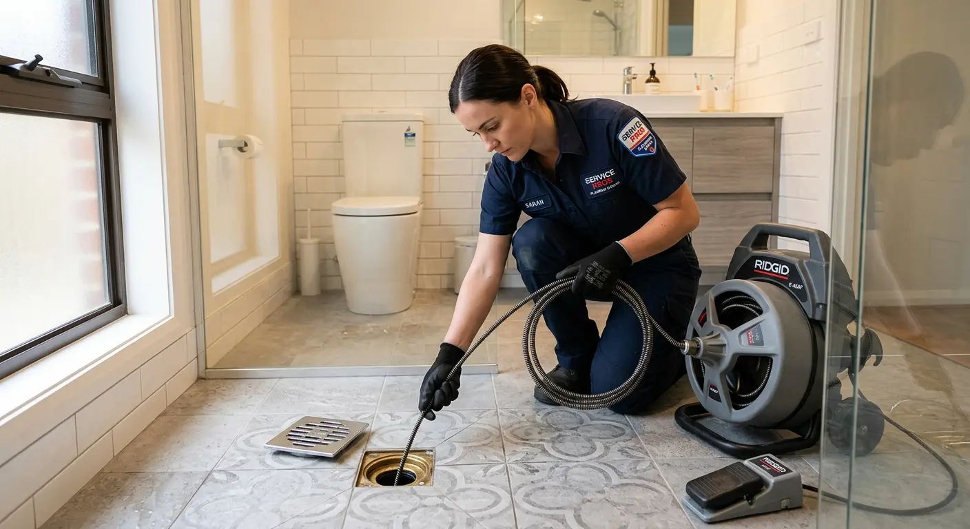 Technician clearing a bathroom floor drain for Sewer Line Replacement in Waipio